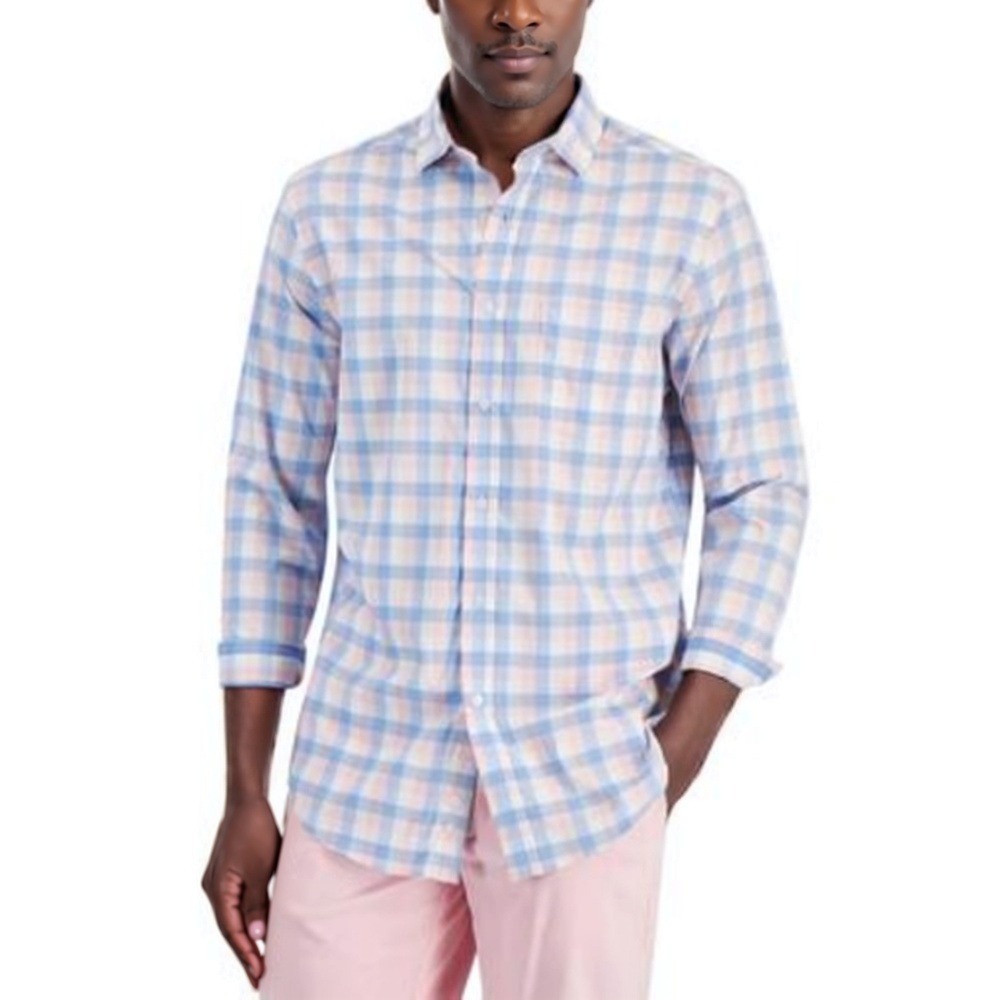 Club Room Woven Shirt Mens Large Bright White Plaid Long Sleeve Button Up Casual